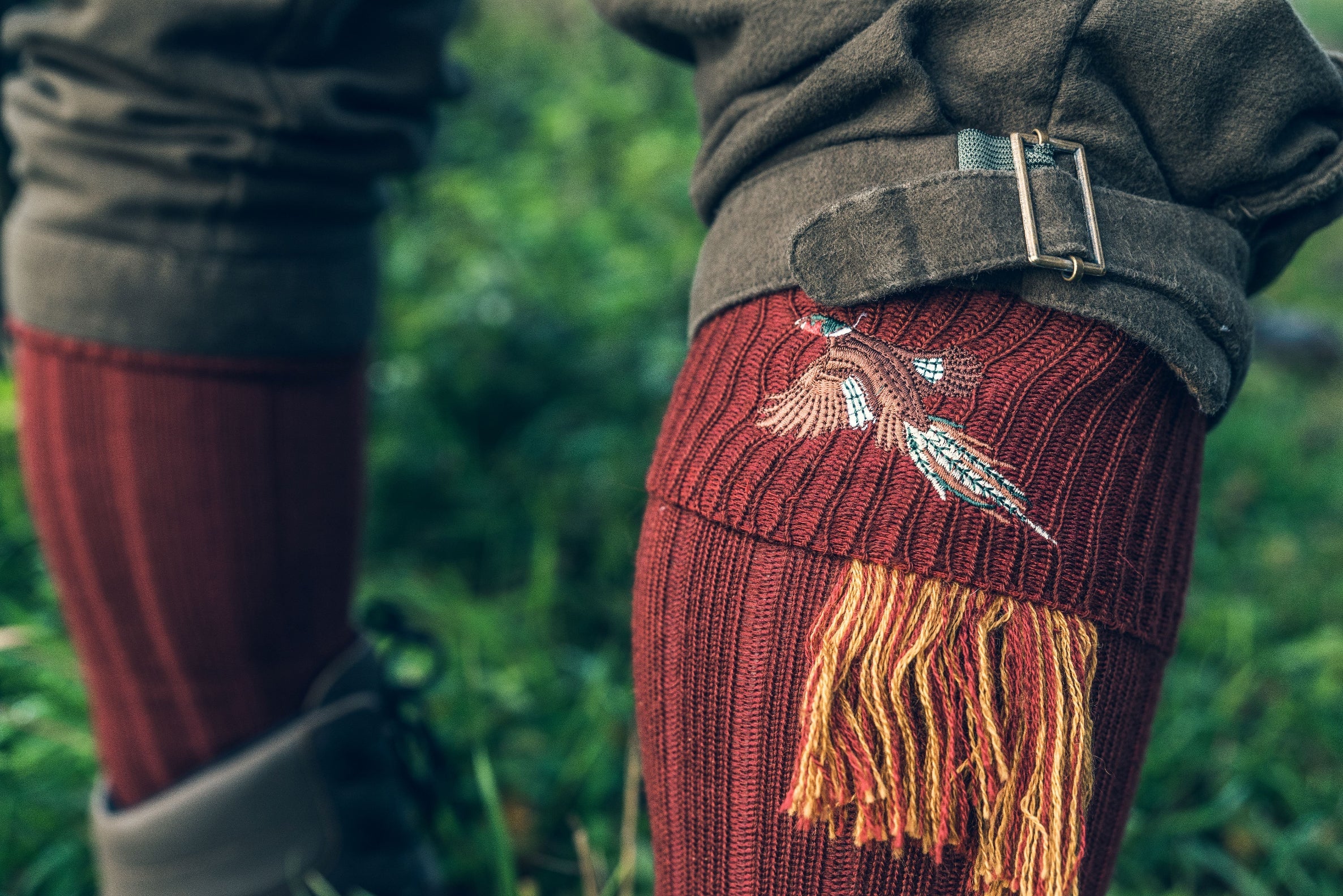 Maroon Jack Pyke Pheasant Shooting Socks with fun pheasant embroidery and fringe