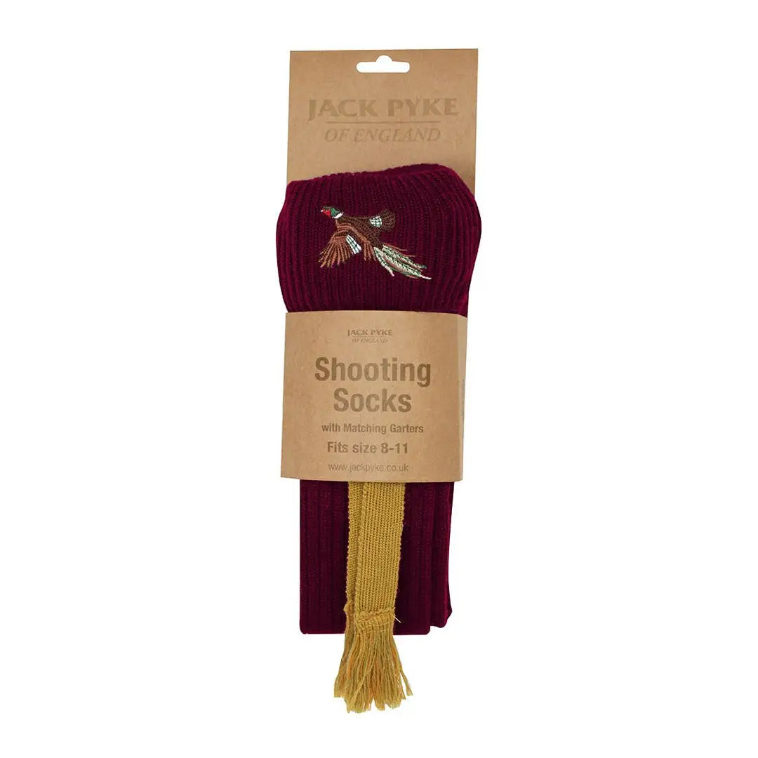 Burgundy Jack Pyke Pheasant Shooting Socks with embroidered pheasant design and yellow garters