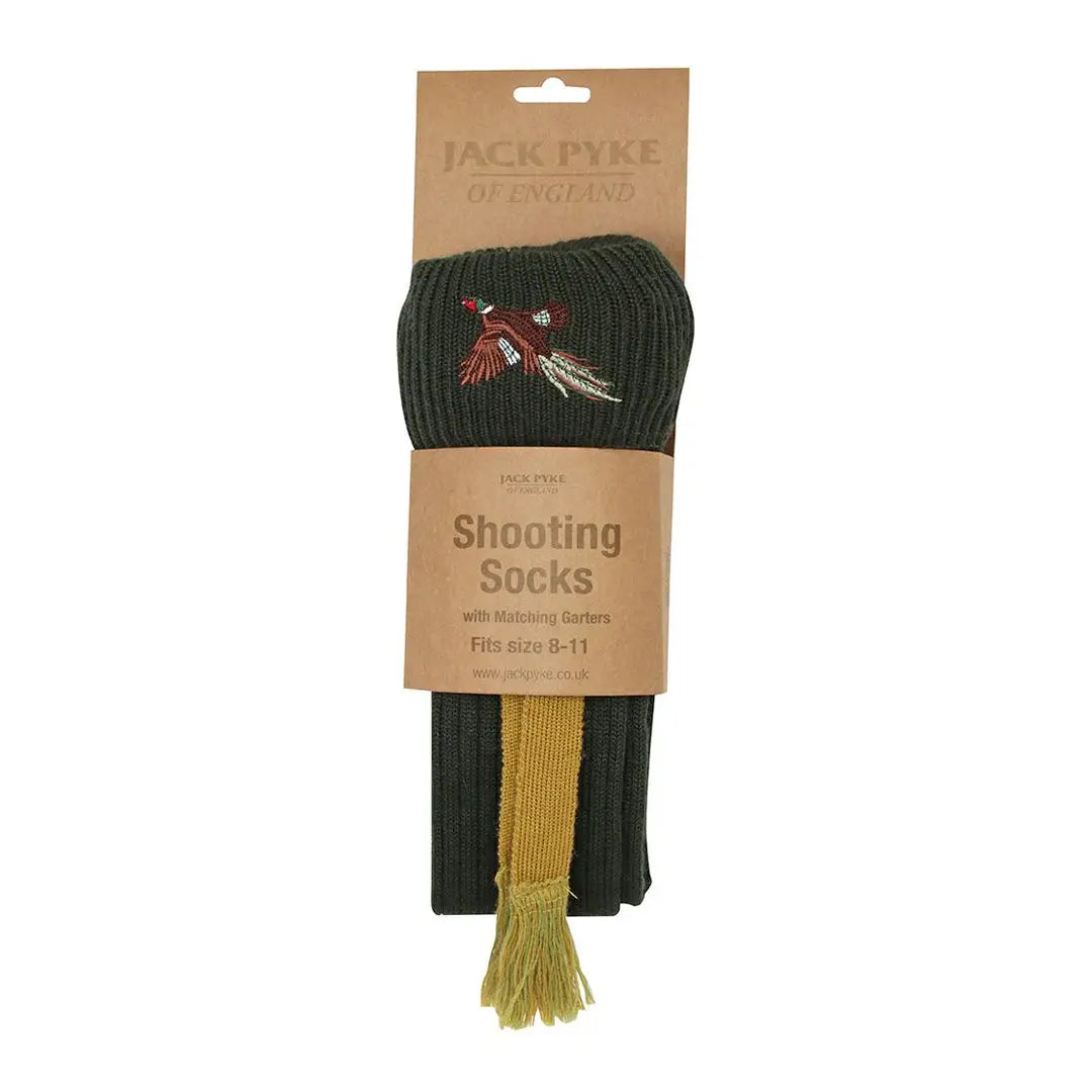 Dark green Jack Pyke Pheasant Shooting Socks with pheasant embroidery and mustard ties