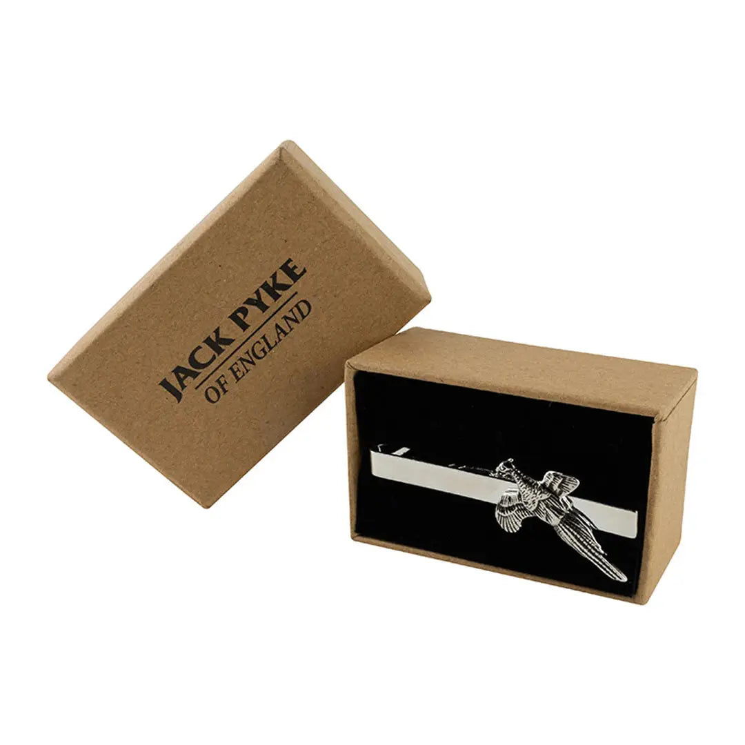 Silver Jack Pyke Pheasant Tie Clip featuring a skull and crossbones design