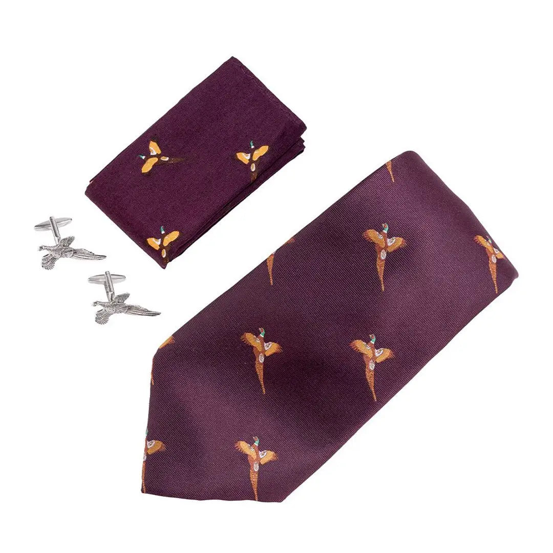 Burgundy Jack Pyke tie set with golden pheasant, perfect for country clothing and hunting