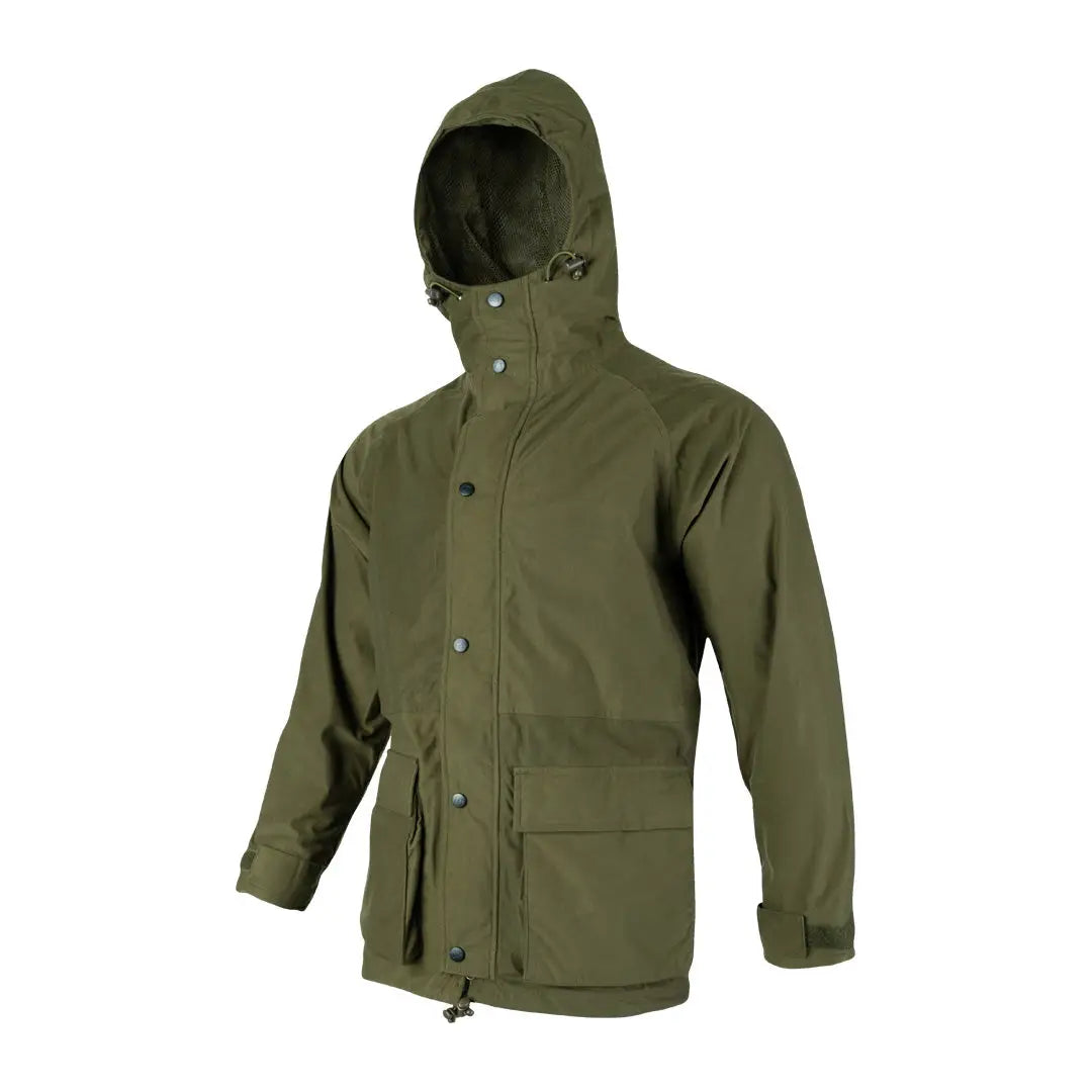 Olive green Jack Pyke Rannock waterproof hunting jacket with pockets and snap closures