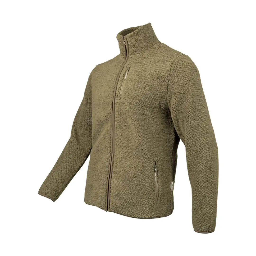 Olive green fleece jacket with zipper and stand-up collar for country clothing or hunting