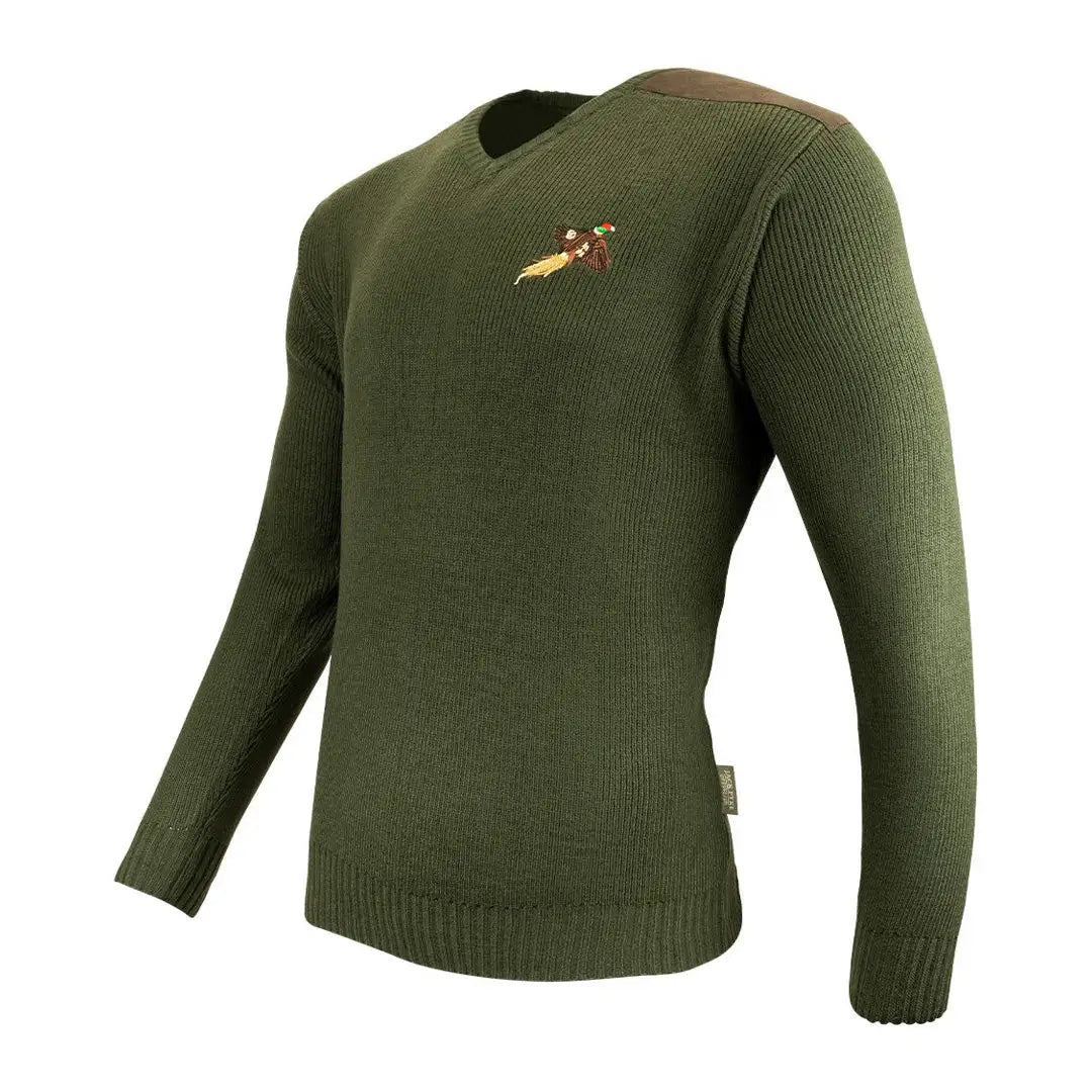 Olive green Jack Pyke Shooters Pullover with embroidered pheasant logo on chest