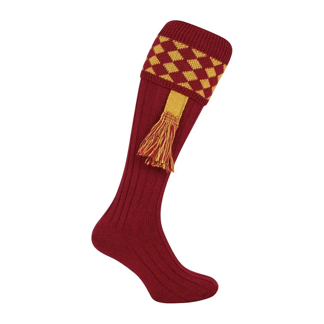 Burgundy Jack Pyke Shooting Socks with yellow diamond pattern and funky tassels