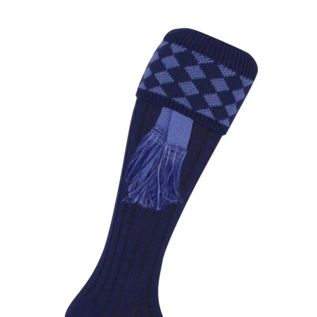 Navy blue Jack Pyke shooting socks with a diamond pattern and tassels at the top