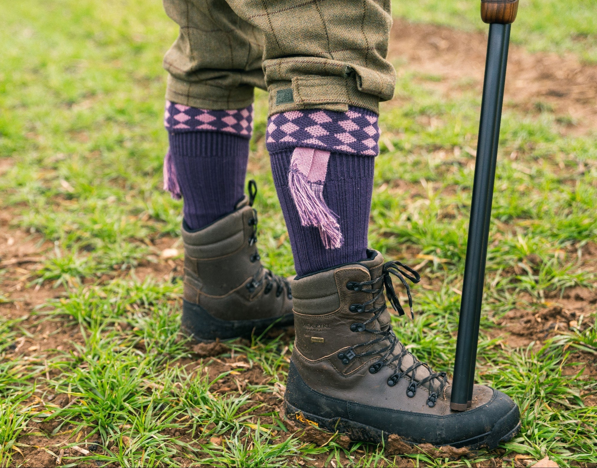 Leather hiking boots paired with Jack Pyke Shooting Socks showcase classic outdoor fashion