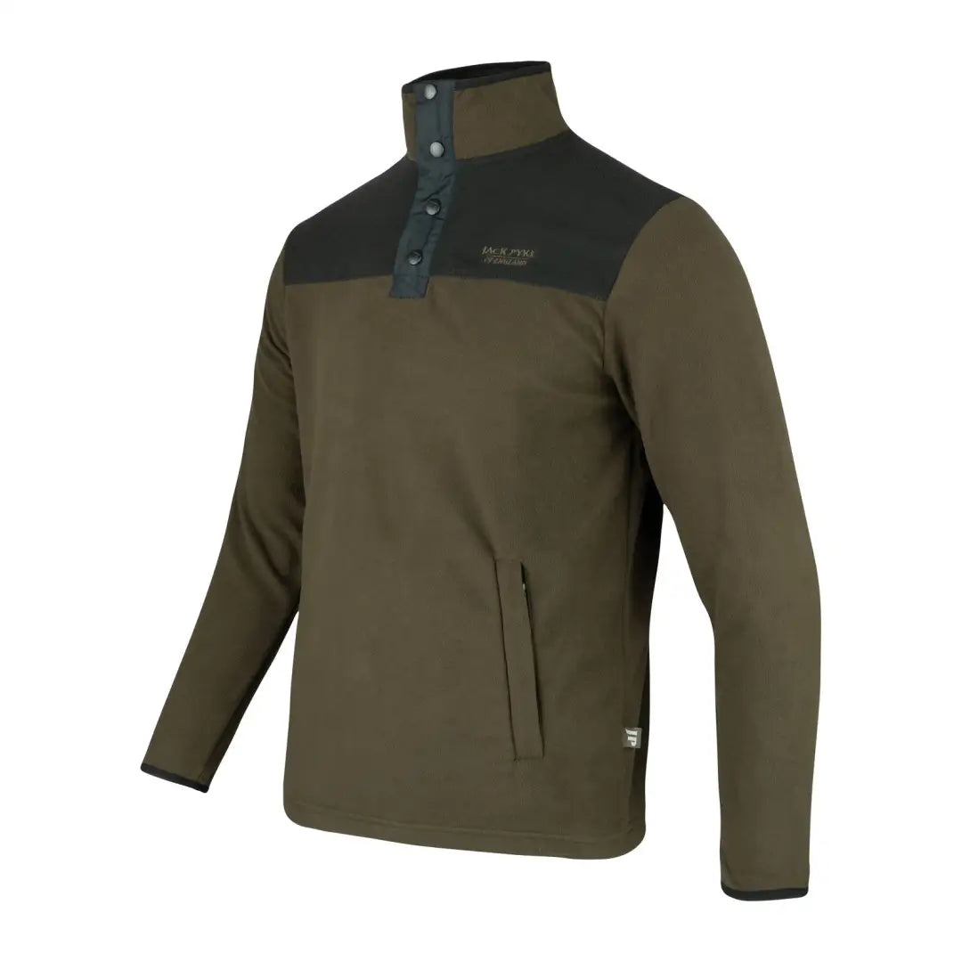 Olive green Jack Pyke Snap Neck Fleece Top with black shoulder panels and buttons