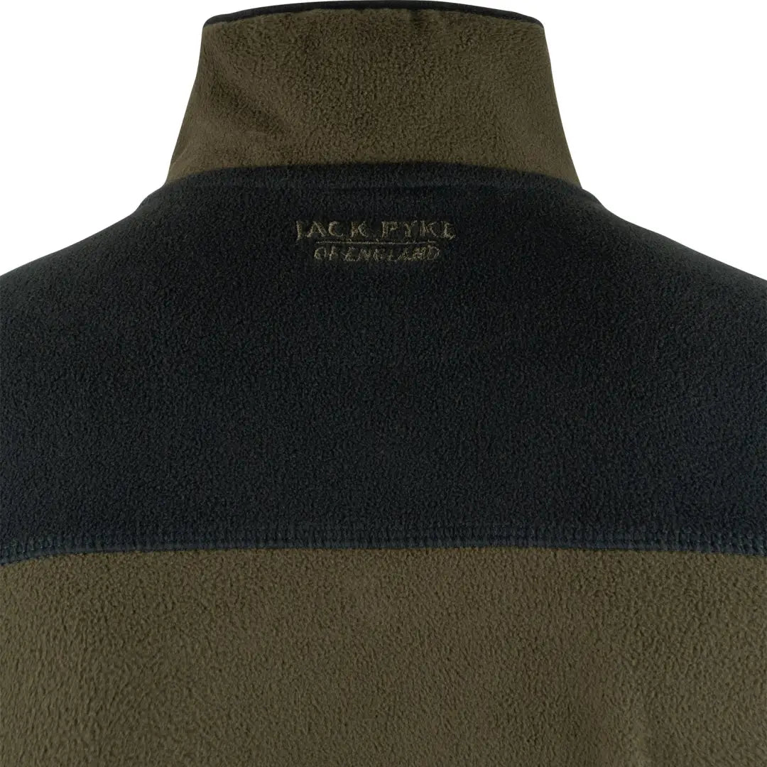 Jack Pyke Snap Neck Fleece Top in black and olive green with brand label on collar