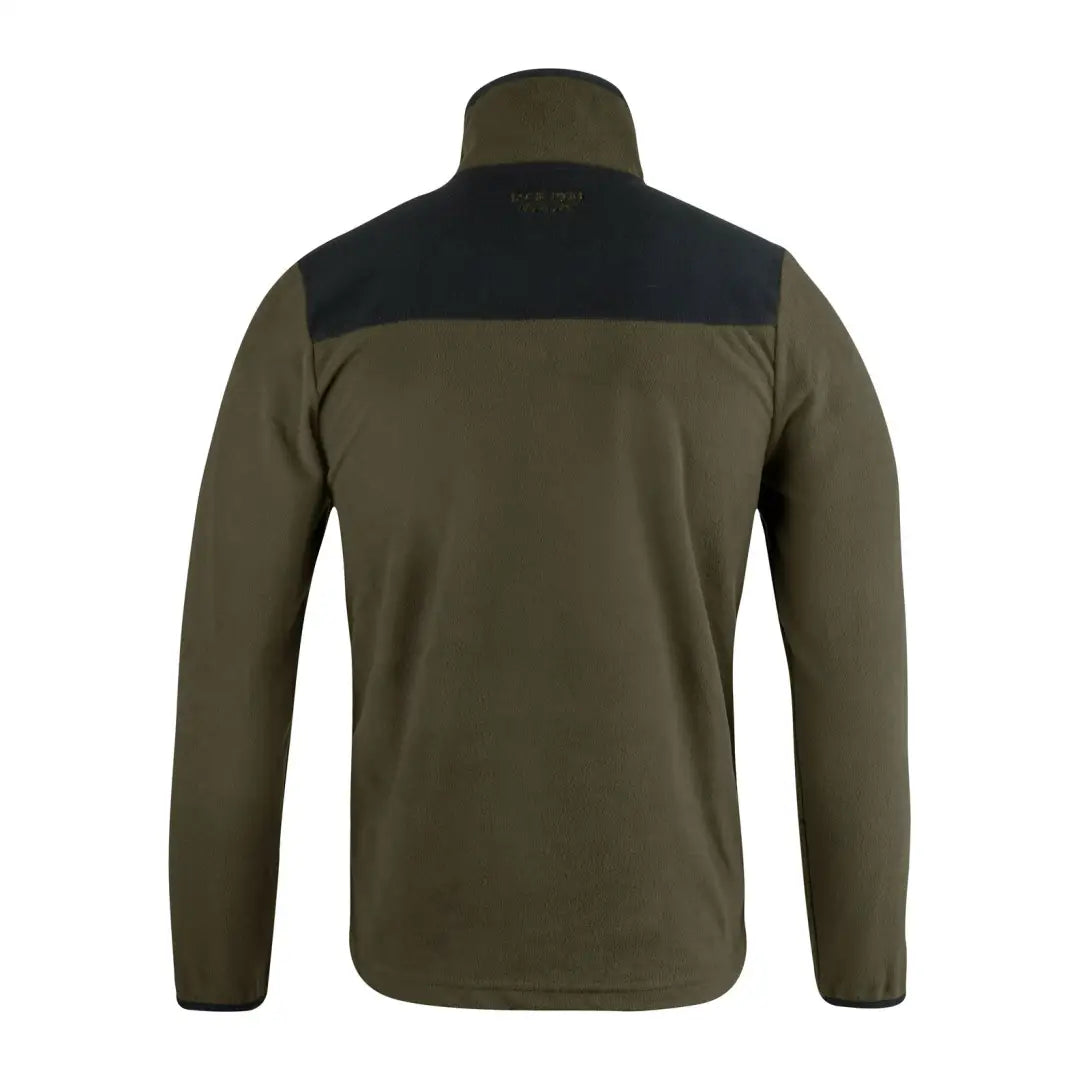 Olive green Jack Pyke Snap Neck Fleece Top with black shoulder panels and high collar