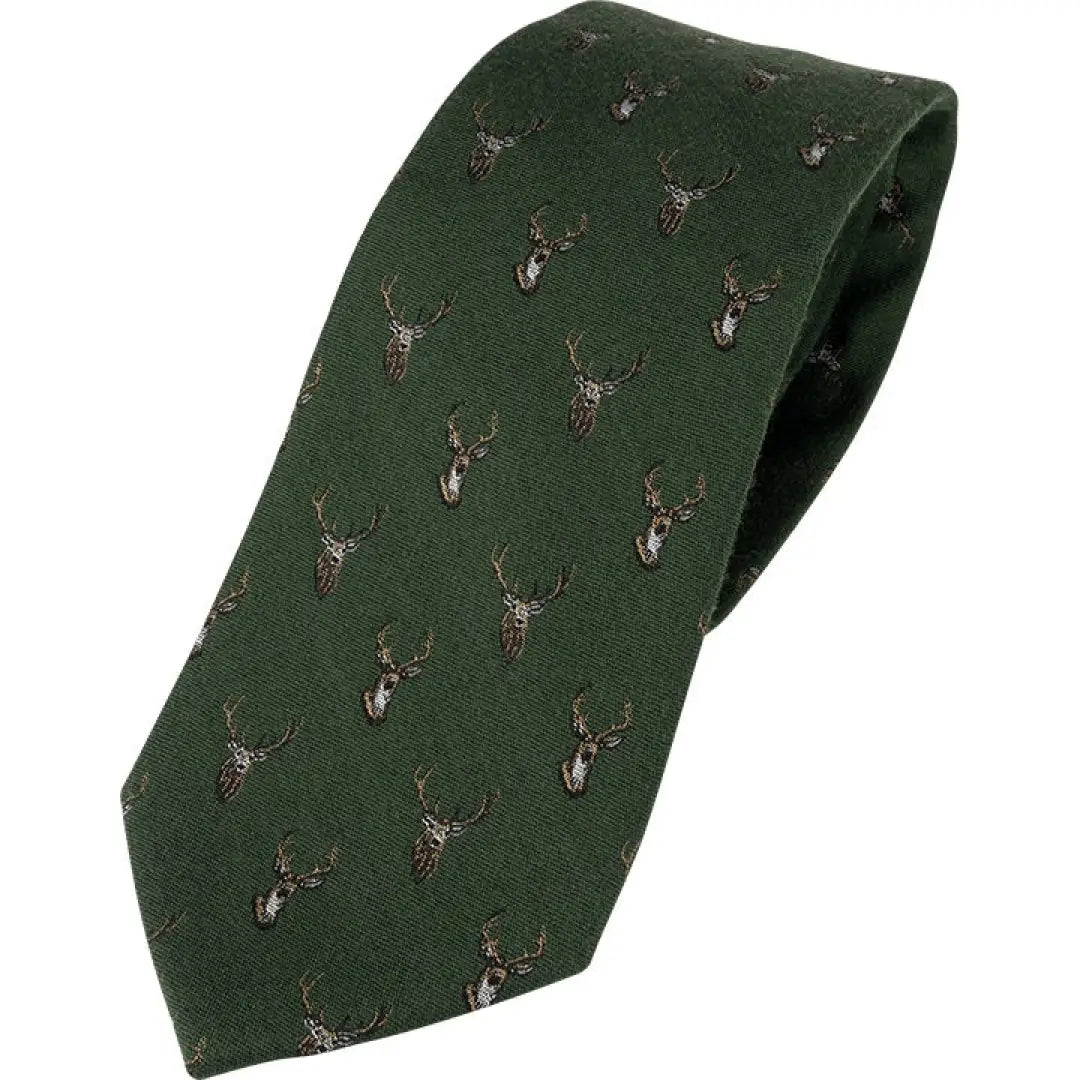 Dark green Jack Pyke Stag Silk Tie featuring deer head silhouette pattern