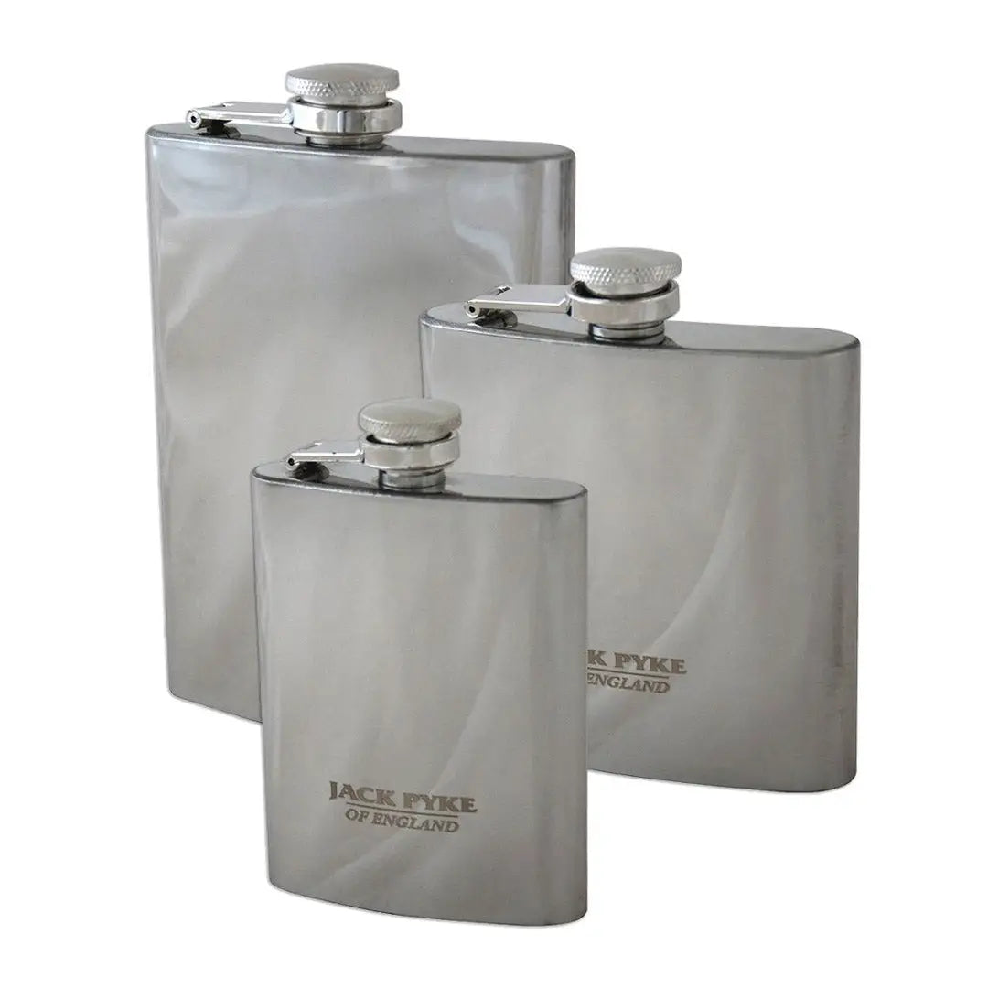 Three sizes of Jack Pyke stainless steel hip flasks on display for outdoor adventures