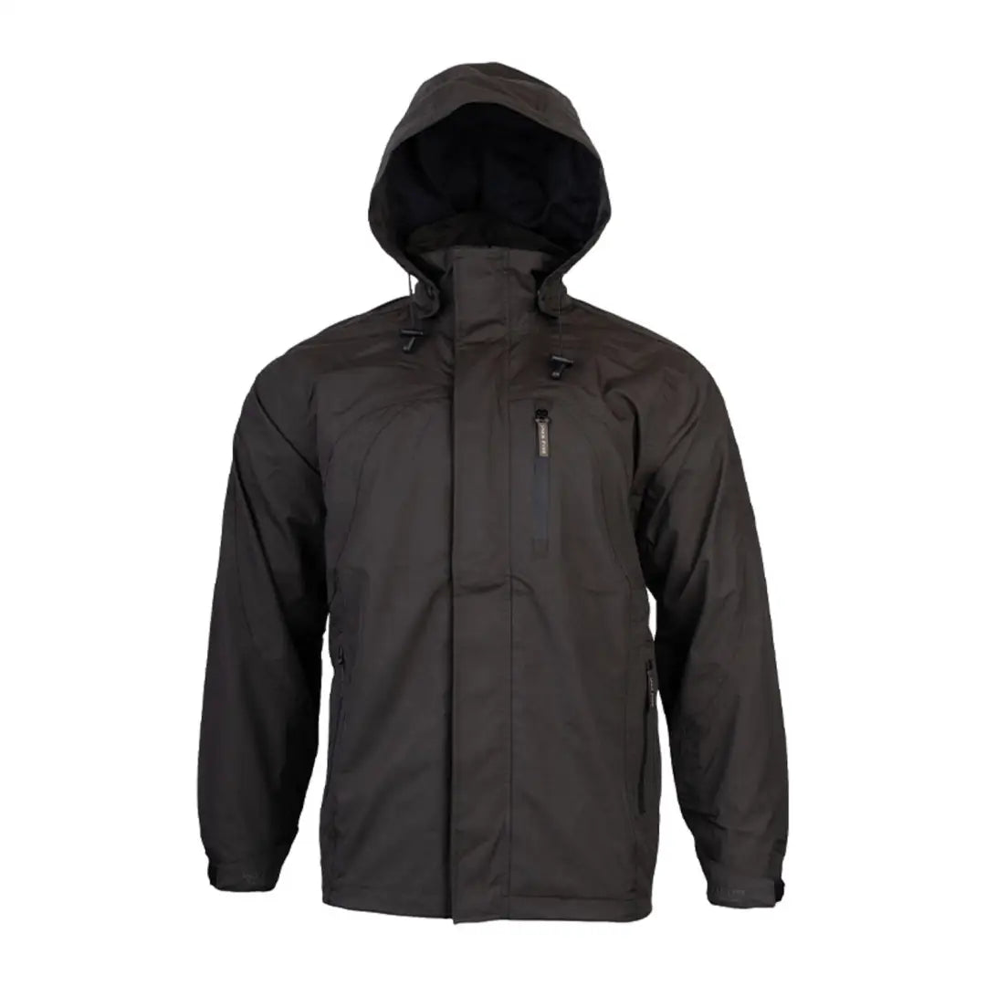 Black hooded waterproof Jack Pyke Technical Featherlite Jacket with zipper closure