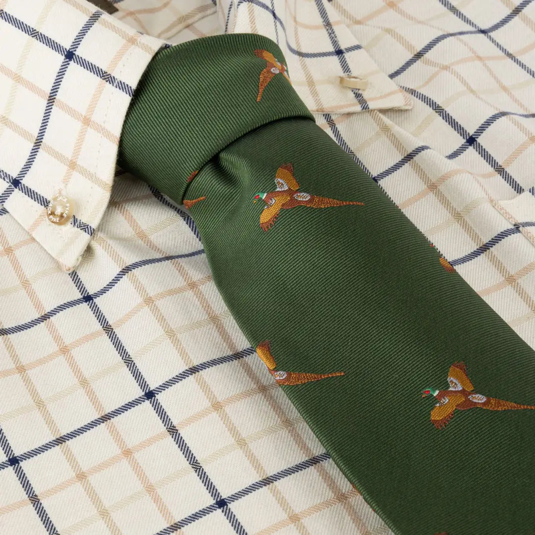 Green Jack Pyke tie featuring a cool pattern of flying pheasants