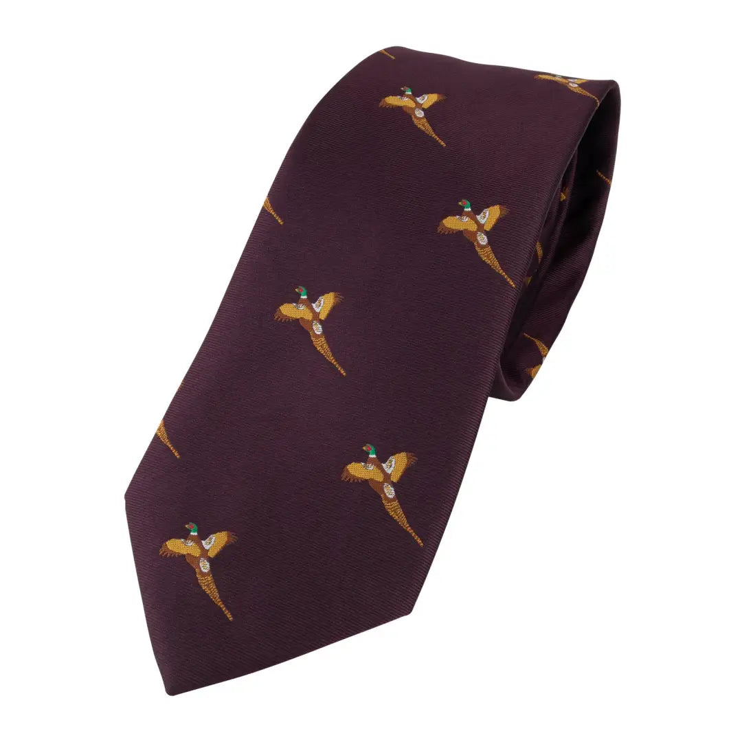 Burgundy Jack Pyke tie featuring golden pheasants in a stylish pattern