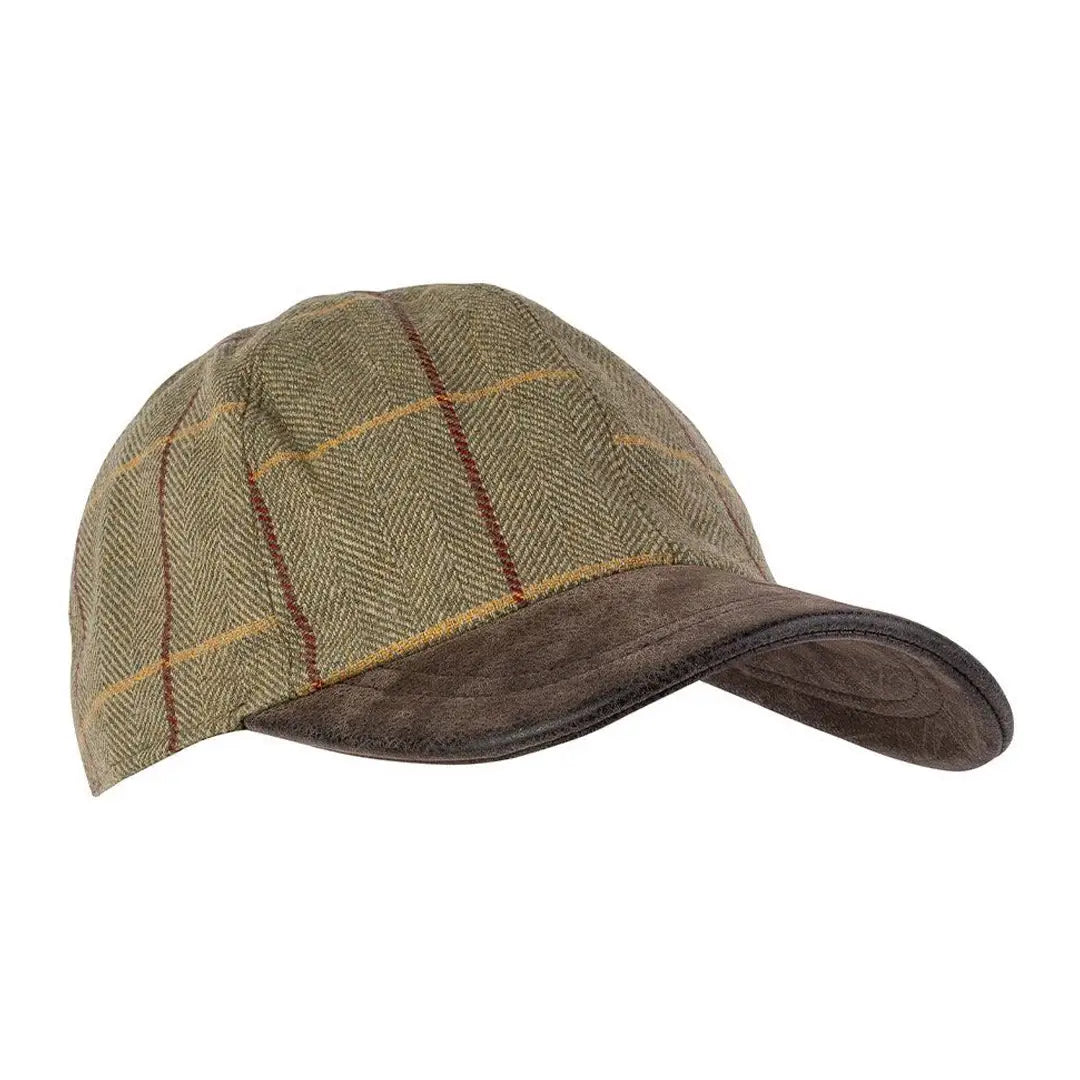 Jack Pyke Tweed Baseball Cap with brown suede brim and faux leather peak style