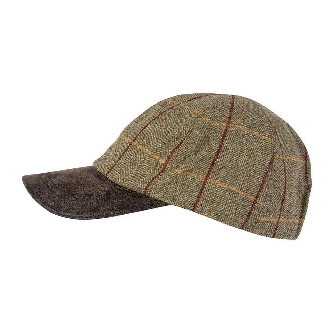 Jack Pyke Tweed Baseball Cap featuring a brown suede brim and faux leather peak