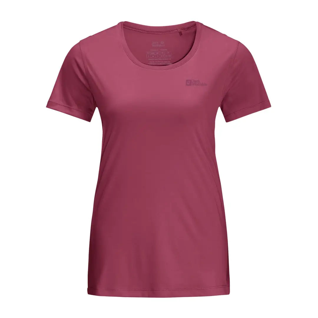 Pink Jack Wolfskin Womens Tech T-Shirt with round neckline and short sleeves