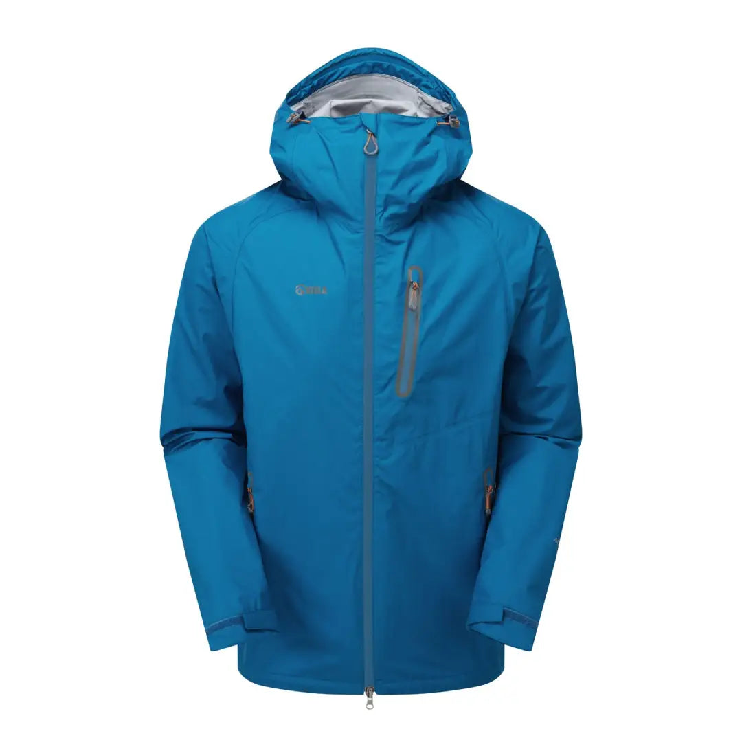 Blue Keela Cairn Jacket with hood, zippered front, and chest pocket for country clothing