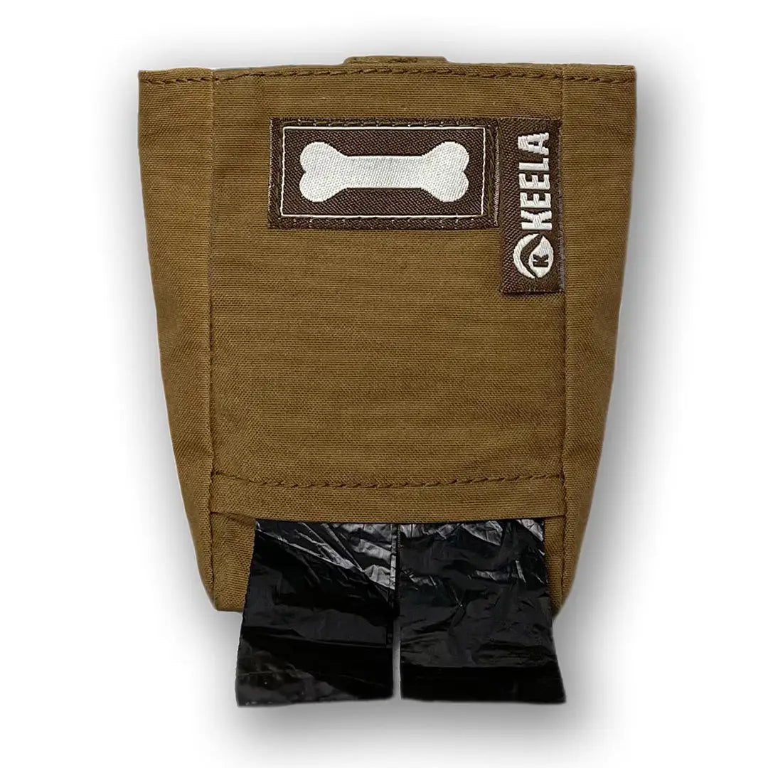 Brown treat bag with a bone logo and black poo bags for pet owners on the go