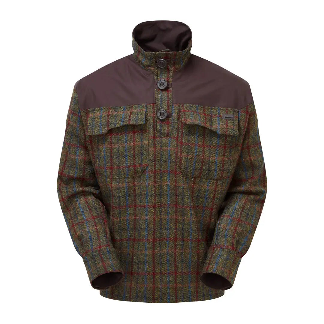 Plaid wool jacket with high collar and button placket in Harris Tweed style