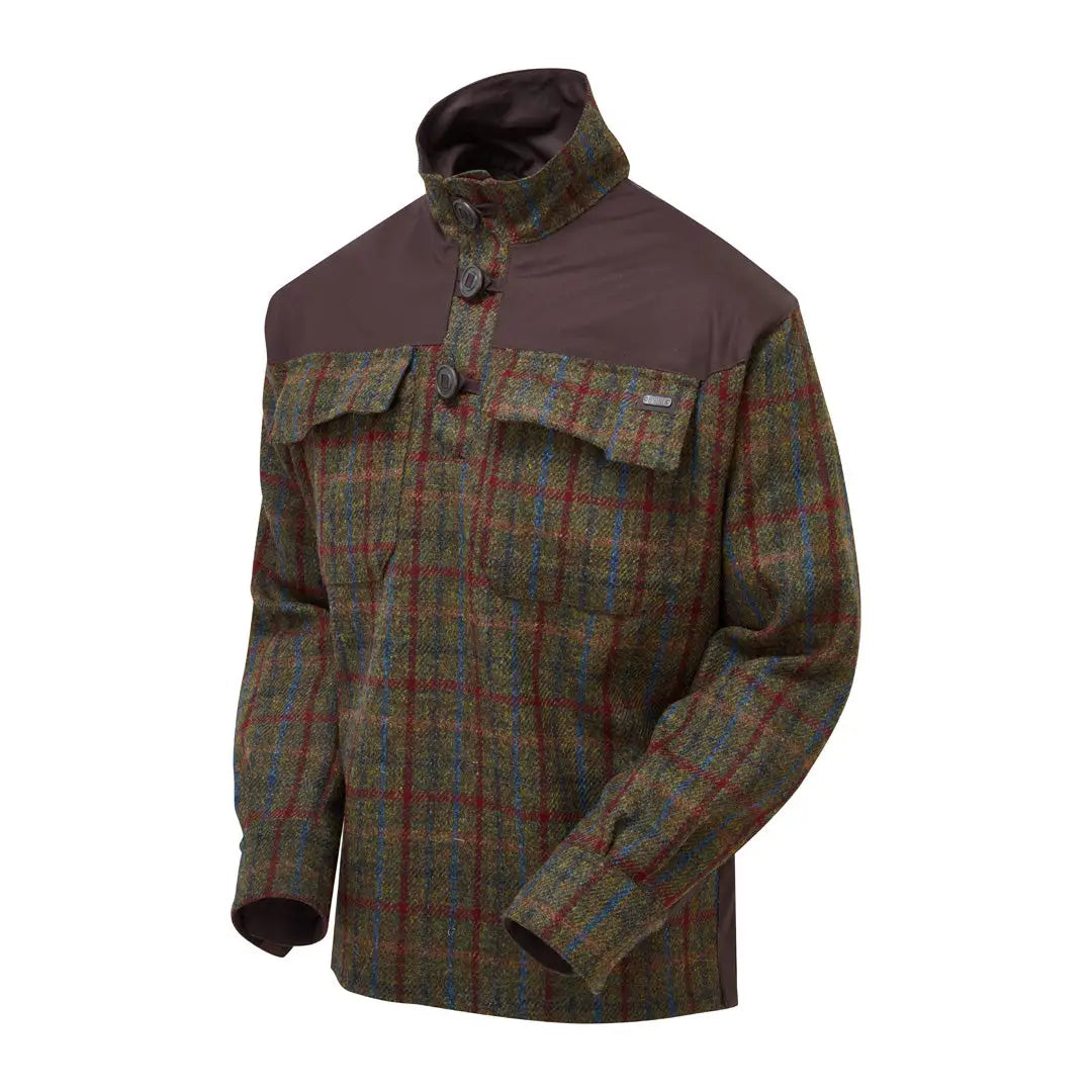 Plaid wool jacket with high collar and chest pockets, perfect for Harris Tweed lovers