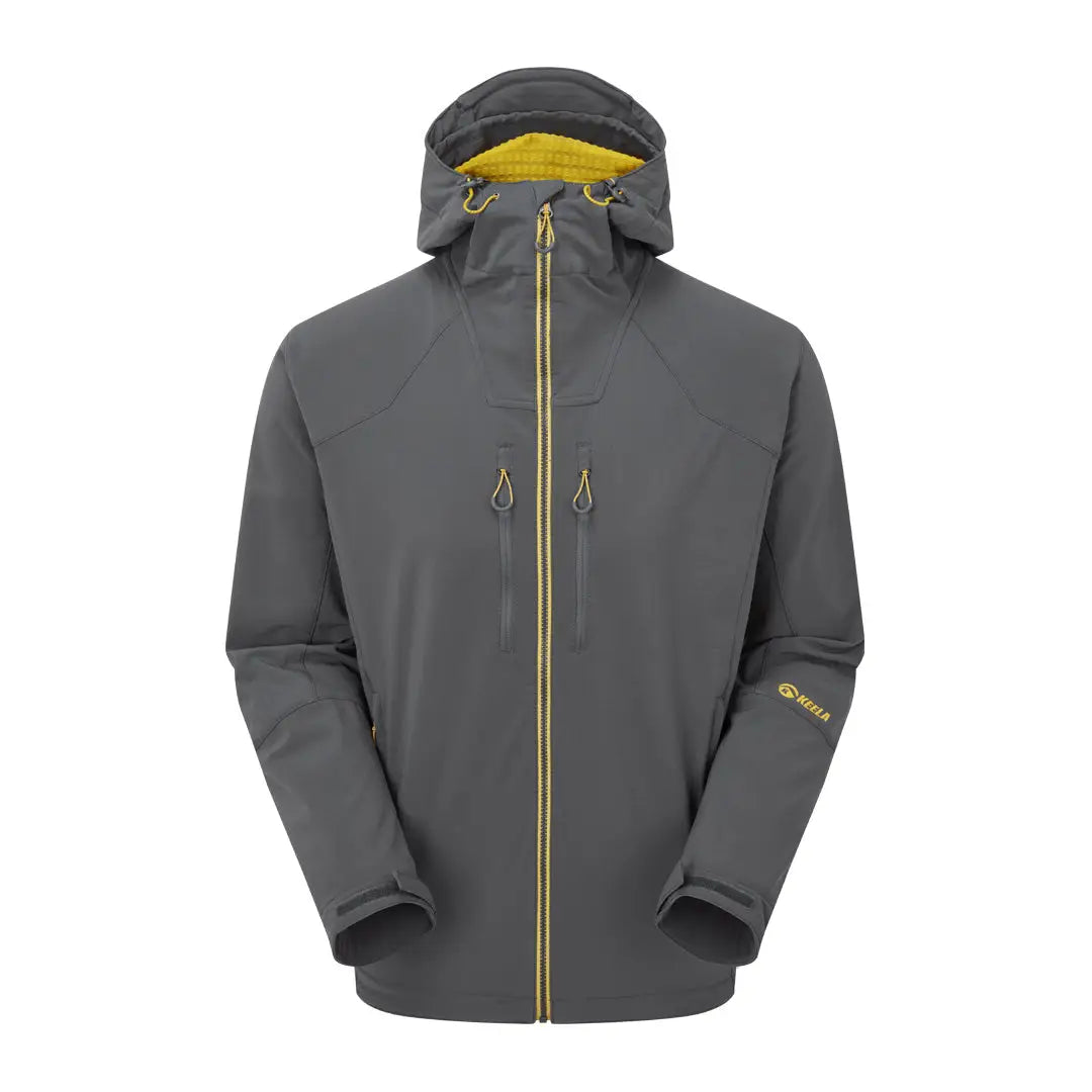 Gray Keela Hydron Softshell Jacket with yellow zipper and trim details