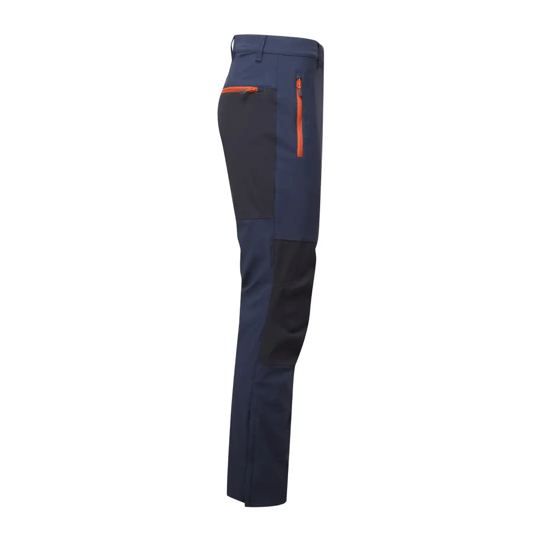 Navy blue Keela Nevis Trousers with orange zippers made from stretch-tec fabrics