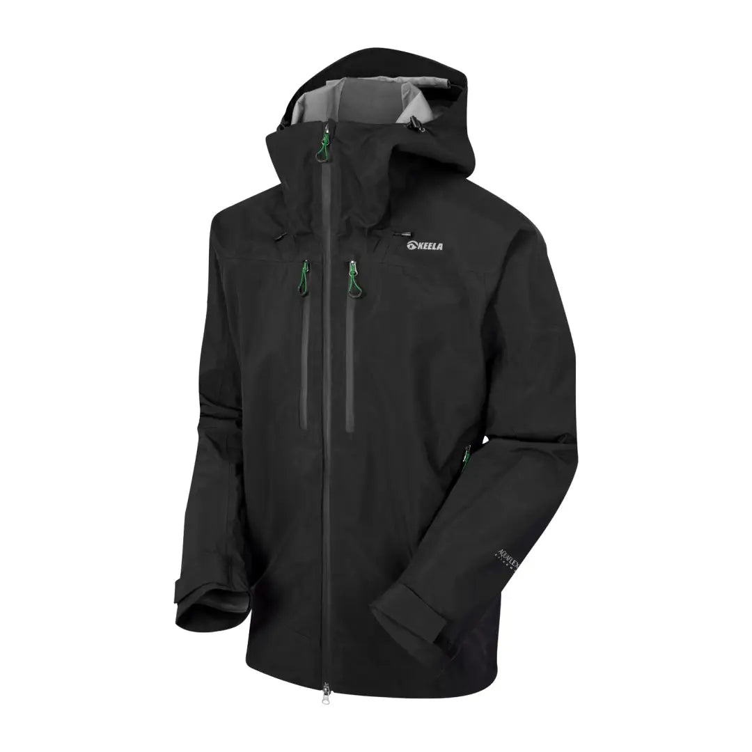 Black waterproof Keela Pinnacle Jacket with hood and zippered pockets for ultimate protection