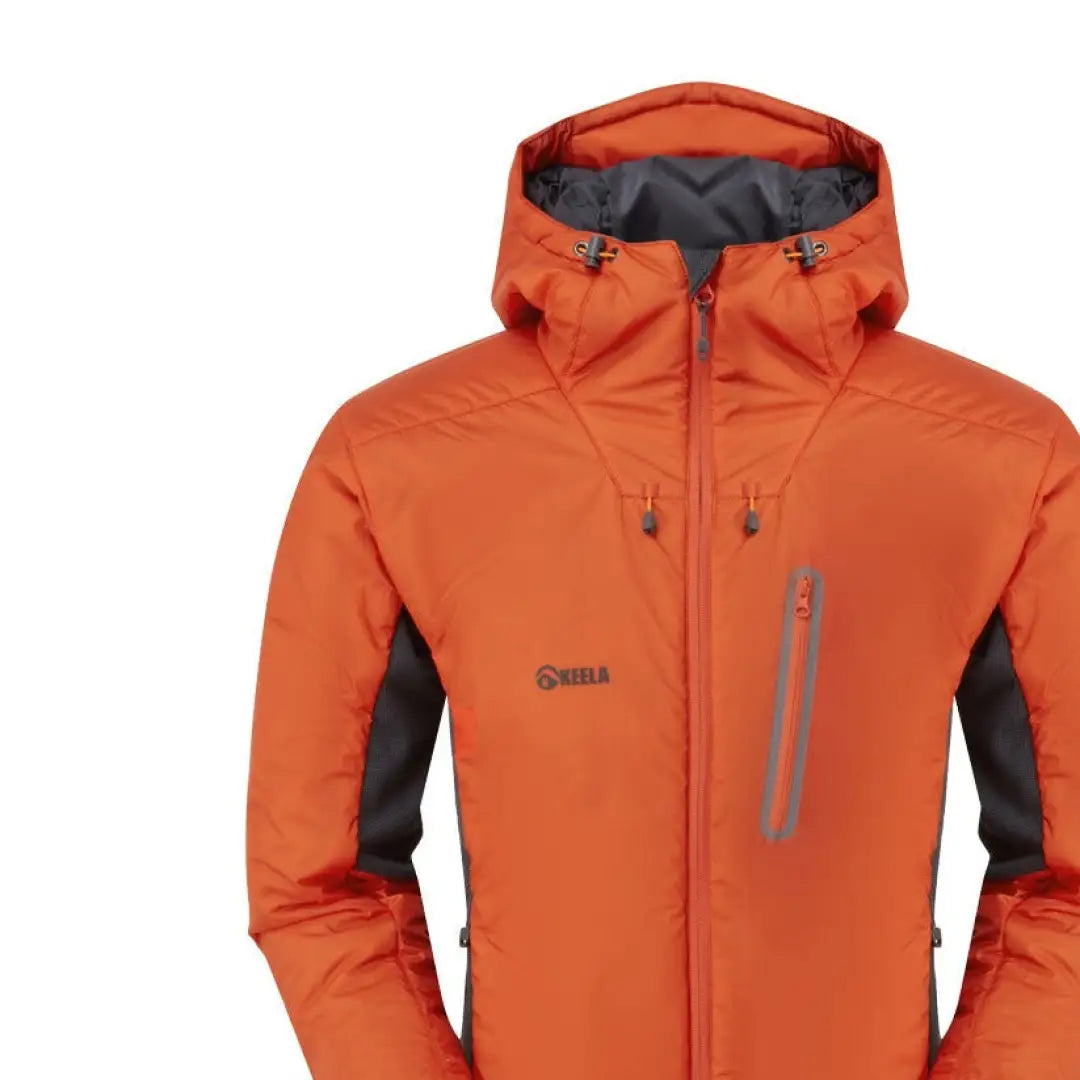 Bright orange Keela Talus Primaloft Jacket with zippered pockets and dark side panels