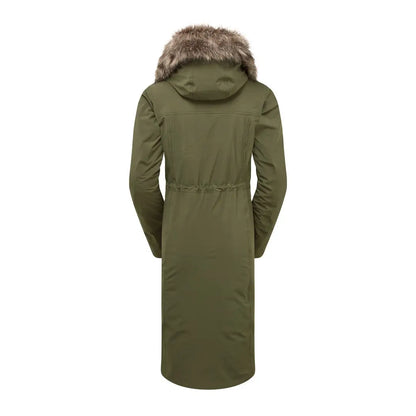 Long olive green Keela Womens Crofter Parka with fur-trimmed hood for stylish country clothing