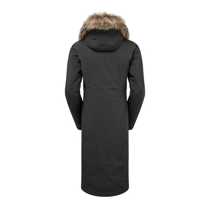 Long black winter coat with fur-trimmed hood, perfect for the Keela Crofter Parka style