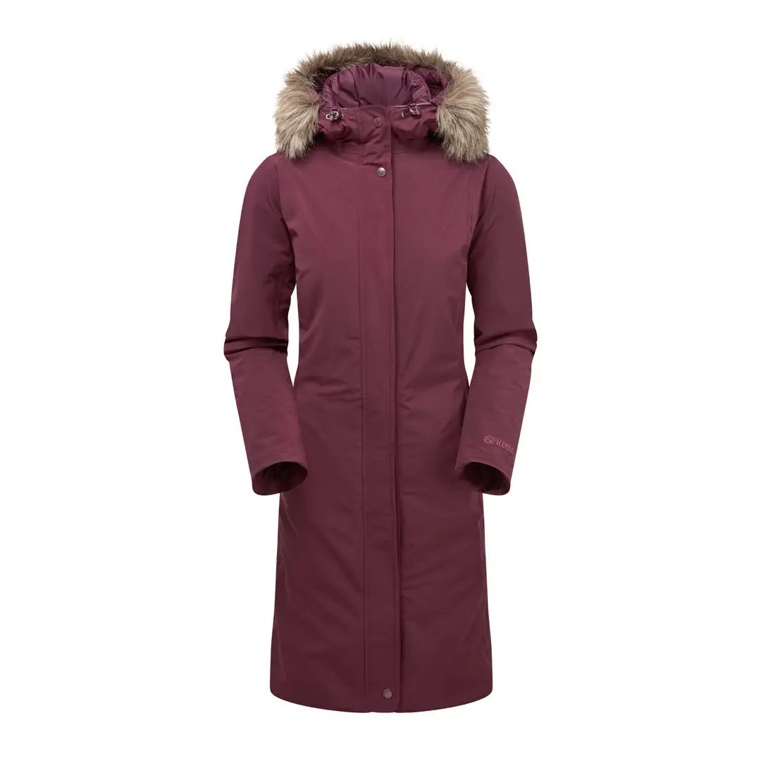 Long burgundy winter coat with fur-trimmed hood, perfect for country clothing and outdoors