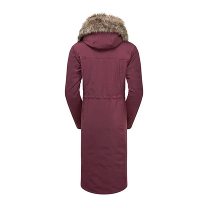 Long burgundy winter coat with fur-trimmed hood perfect for country clothing and outdoor adventures