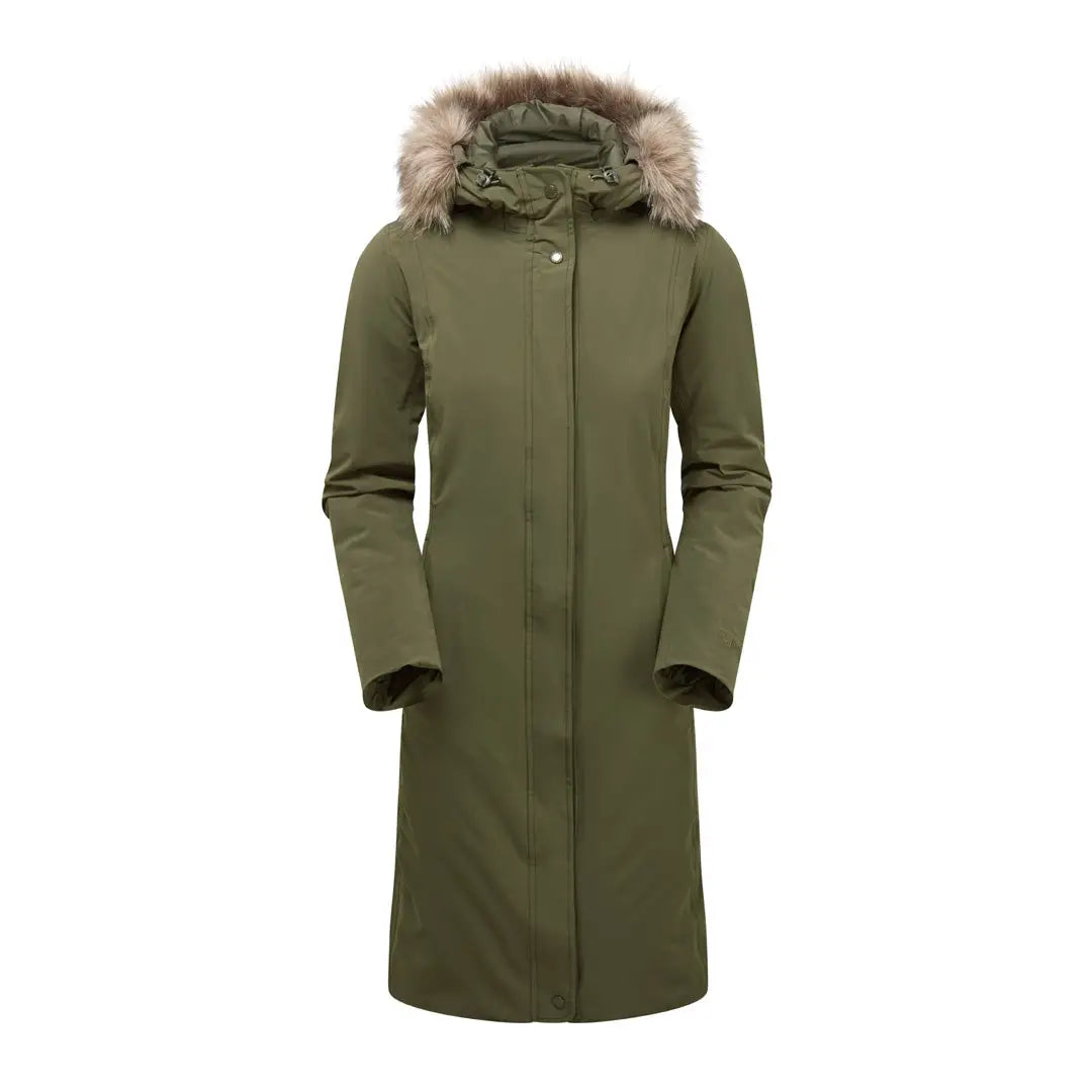 Long olive green Keela Womens Crofter Parka with fur-trimmed hood for country clothing