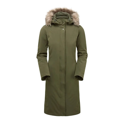 Long olive green Keela Womens Crofter Parka with fur-trimmed hood for country clothing