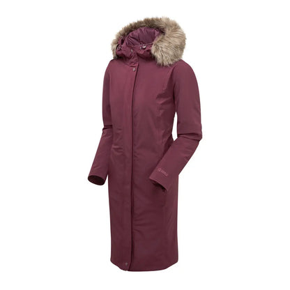 Long burgundy winter coat with fur hood perfect for country clothing and outdoor adventures