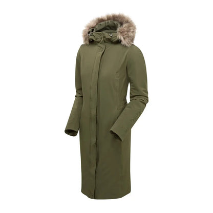 Long olive green Keela Womens Crofter Parka with fur-trimmed hood for country clothing