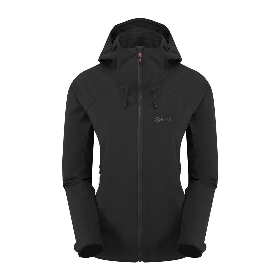 Black hooded jacket from Keela Womens Hydron Softshell collection, perfect for outdoor adventures