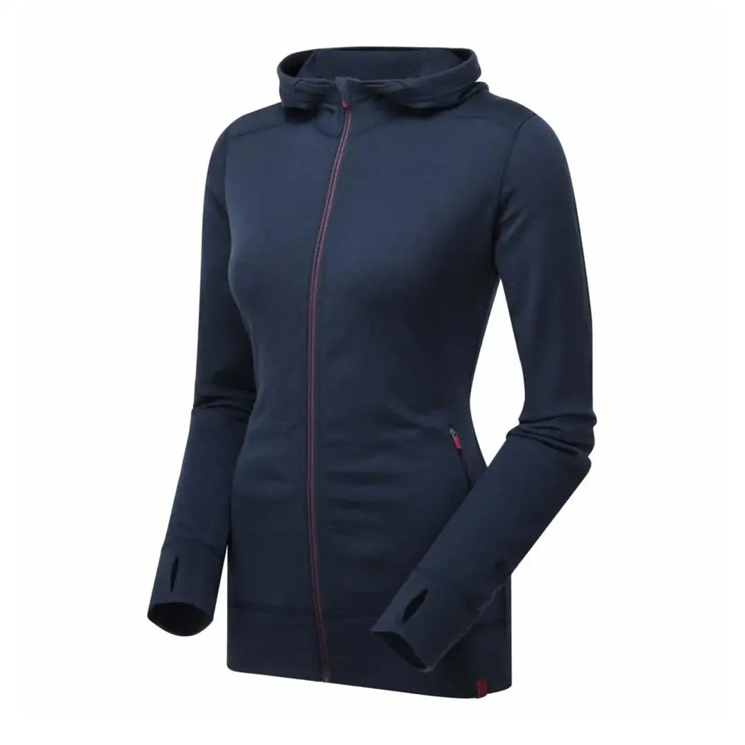 Navy blue Keela Womens Merino Hoody with a full-length zipper and cozy hood