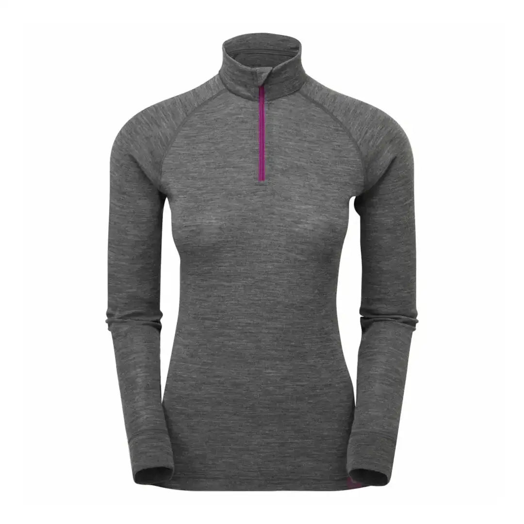 Gray long-sleeved athletic top with purple collar, a good base layer that’s naturally odour resistant