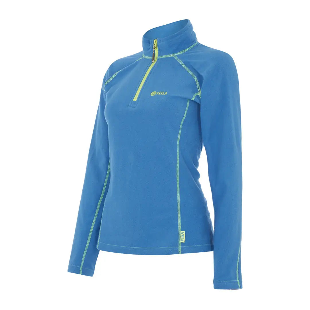 Stylish Blue Keela Womens Micro Pulse Fleece pullover with green accents and half-zip