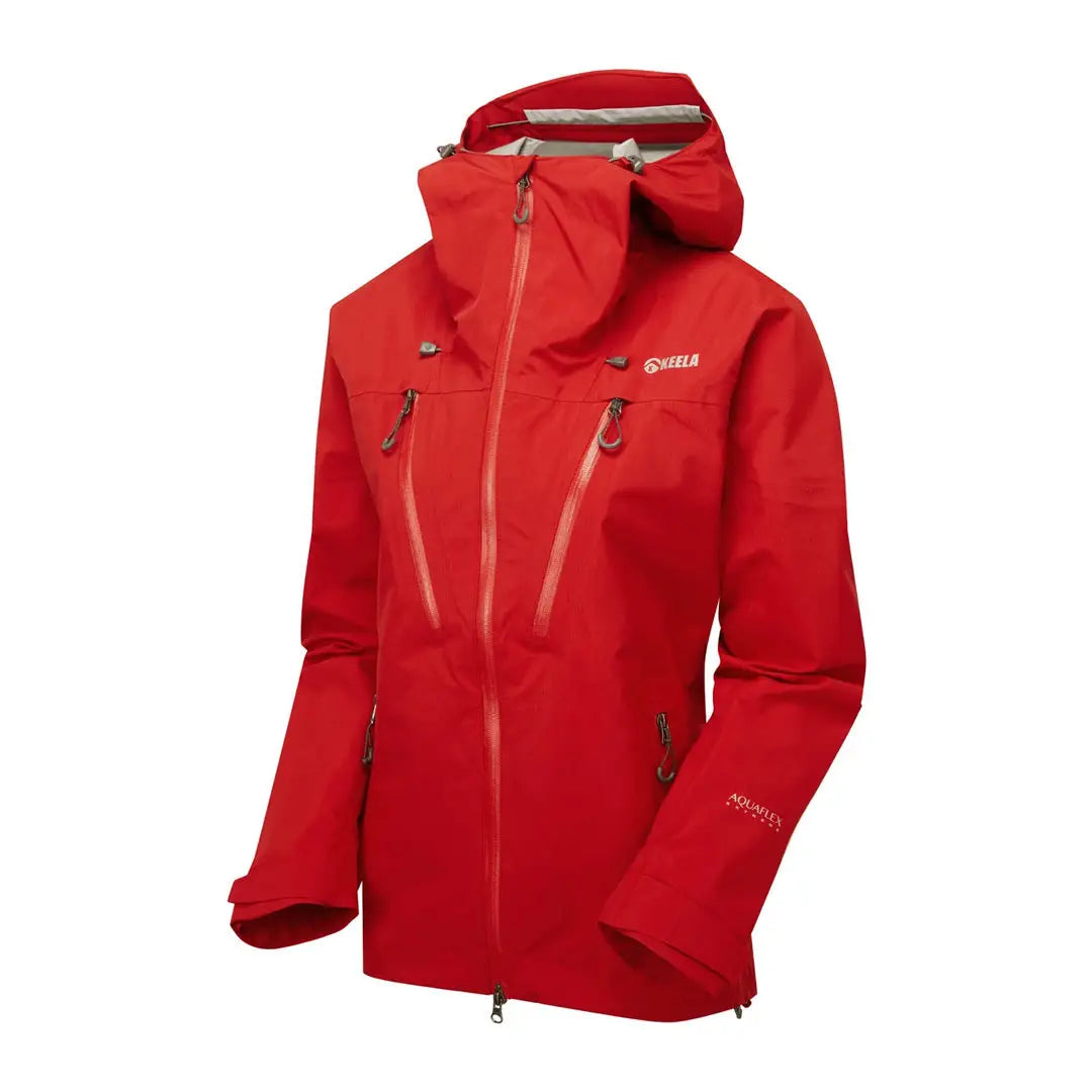 Red Keela Womens Pinnacle Jacket with zippered pockets, hood, and Aquaflex Extreme fabric