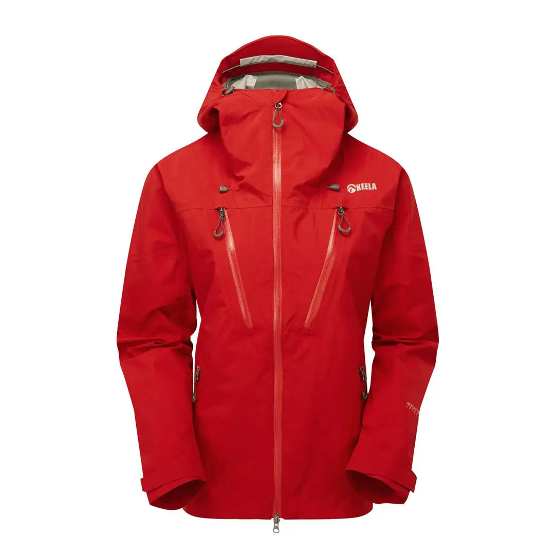 Red Keela Womens Pinnacle Jacket with zip pockets and hood made of Aquaflex Extreme Fabric