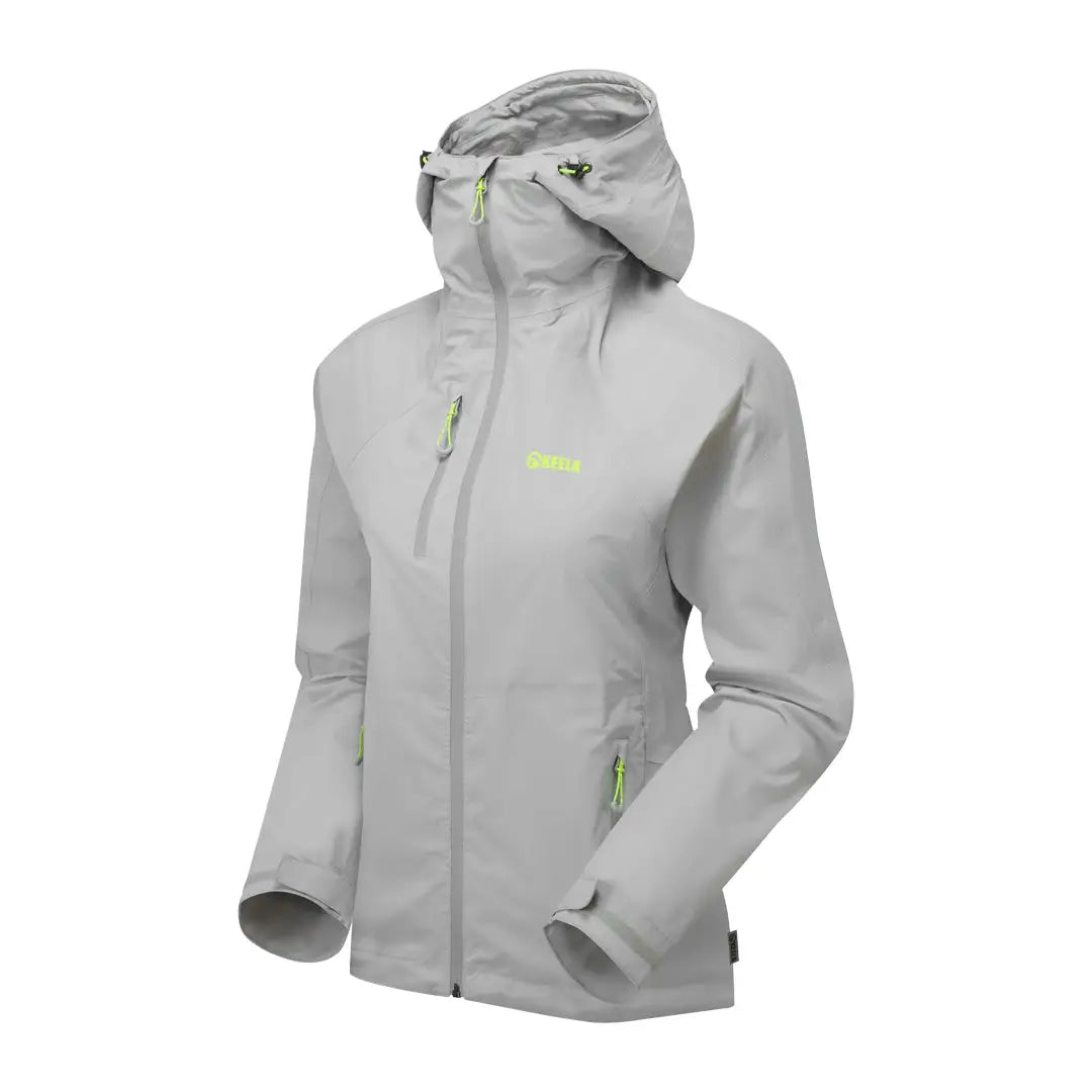 Light gray Keela Womens Storm Jacket with neon green accents and zipper closure