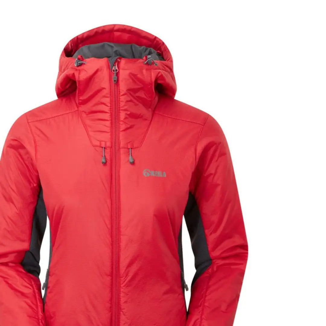 Red hooded Keela Womens Talus Primaloft Jacket with black side panels and zipper