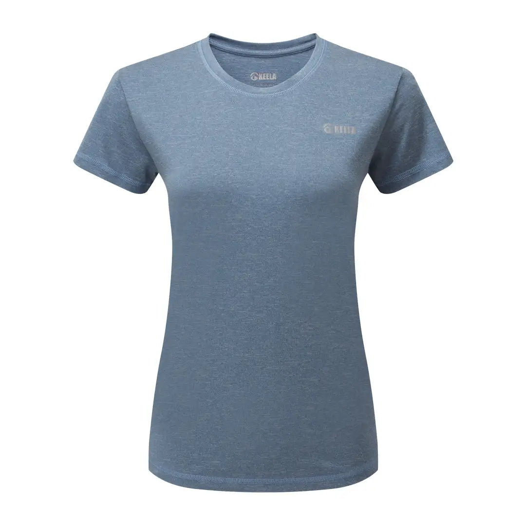 Light blue Keela Womens Trail Short Sleeve Top with logo, featuring Polygiene Viraloff treatment