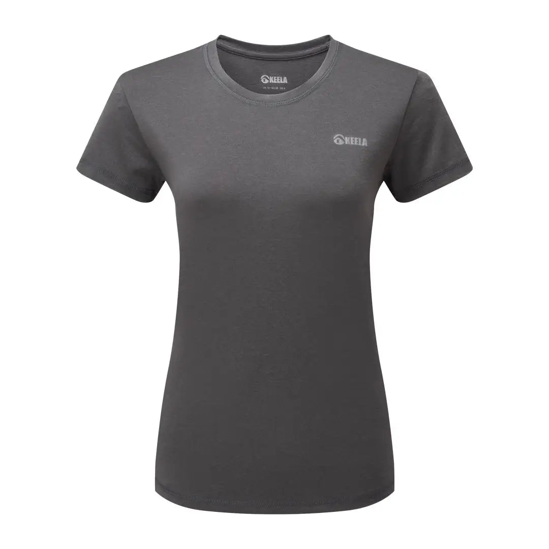 Gray Keela Womens Trail Short Sleeve Top with small logo on the chest