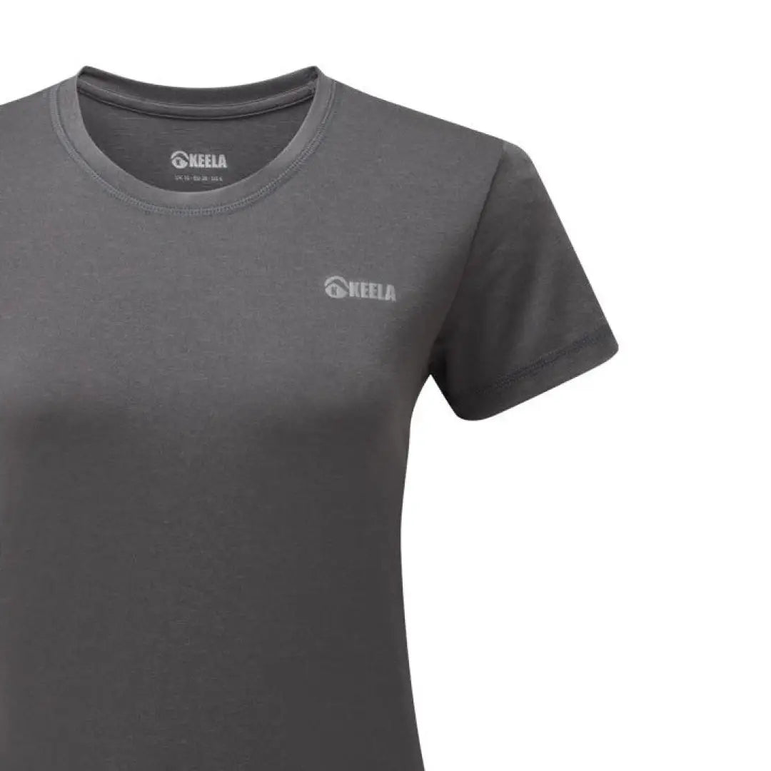 Gray short-sleeved t-shirt with logo, perfect for Keela Womens Trail adventures