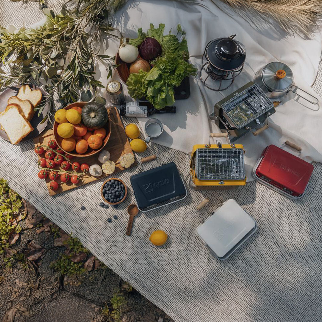 Colorful picnic spread featuring a Kenluck Mini Grill for BBQ fun outdoors